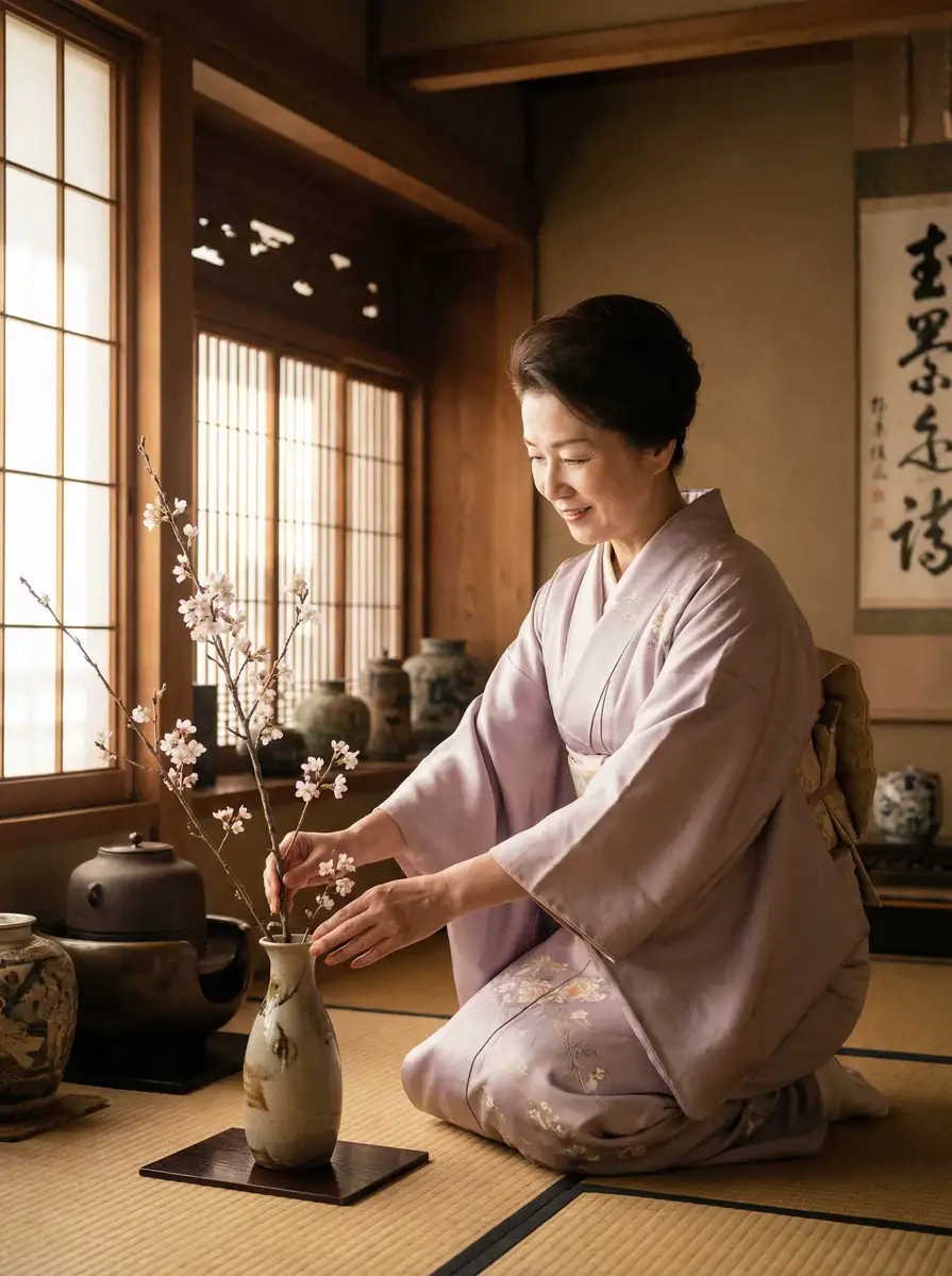 一位优雅的 工口里番全色彩无遮挡 在和室中插花